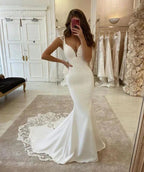 Elegant Sleeveless Satin Ivory Lace Mermaid Wedding Dresses