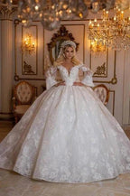 Elegant Sweetheart Long Sleeves Ball Gown Lace Wedding Gowns Bridal Dresses