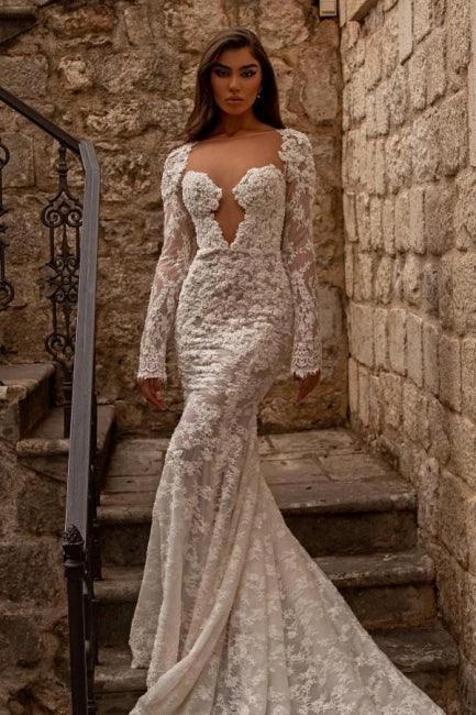 Elegant sweetheart longsleeves mermaid lace Wedding dresses