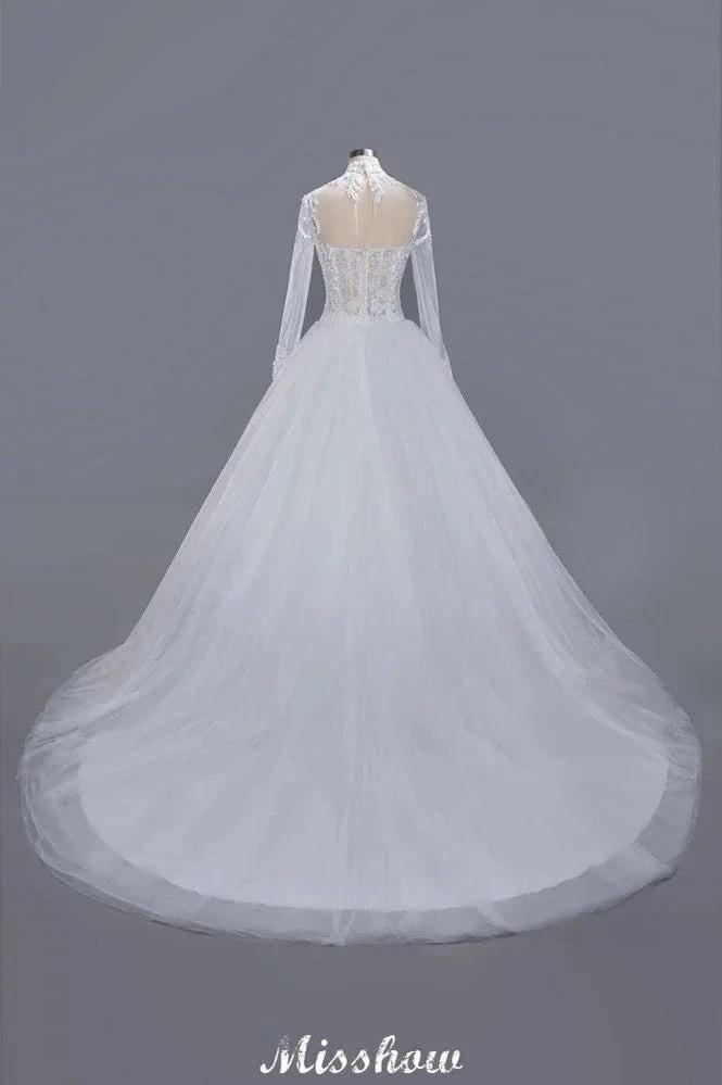 Elegant Tulle Lace Ball Gown High Neck Long Sleeves Floor Length Wedding Dress