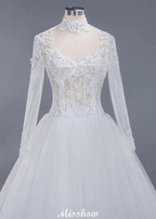 Elegant Tulle Lace Ball Gown High Neck Long Sleeves Floor Length Wedding Dress