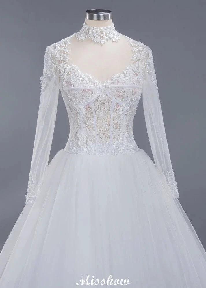 Elegant Tulle Lace Ball Gown High Neck Long Sleeves Floor Length Wedding Dress