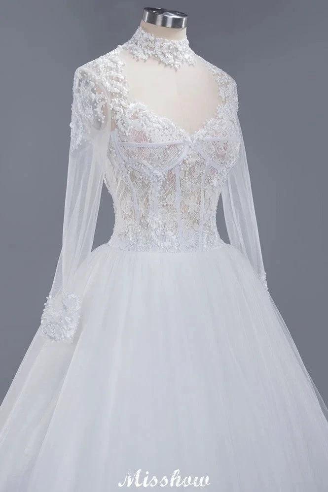 Elegant Tulle Lace Ball Gown High Neck Long Sleeves Floor Length Wedding Dress