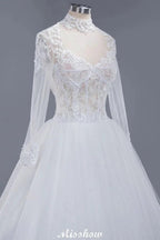 Elegant Tulle Lace Ball Gown High Neck Long Sleeves Floor Length Wedding Dress