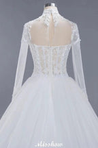 Elegant Tulle Lace Ball Gown High Neck Long Sleeves Floor Length Wedding Dress
