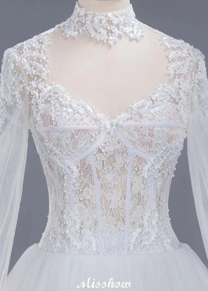 Elegant Tulle Lace Ball Gown High Neck Long Sleeves Floor Length Wedding Dress