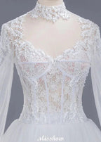 Elegant Tulle Lace Ball Gown High Neck Long Sleeves Floor Length Wedding Dress