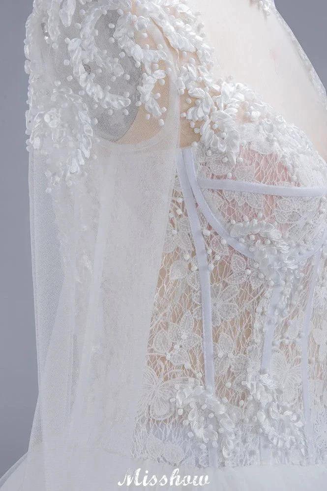 Elegant Tulle Lace Ball Gown High Neck Long Sleeves Floor Length Wedding Dress