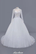 Elegant Tulle Lace Ball Gown High Neck Long Sleeves Floor Length Wedding Dress