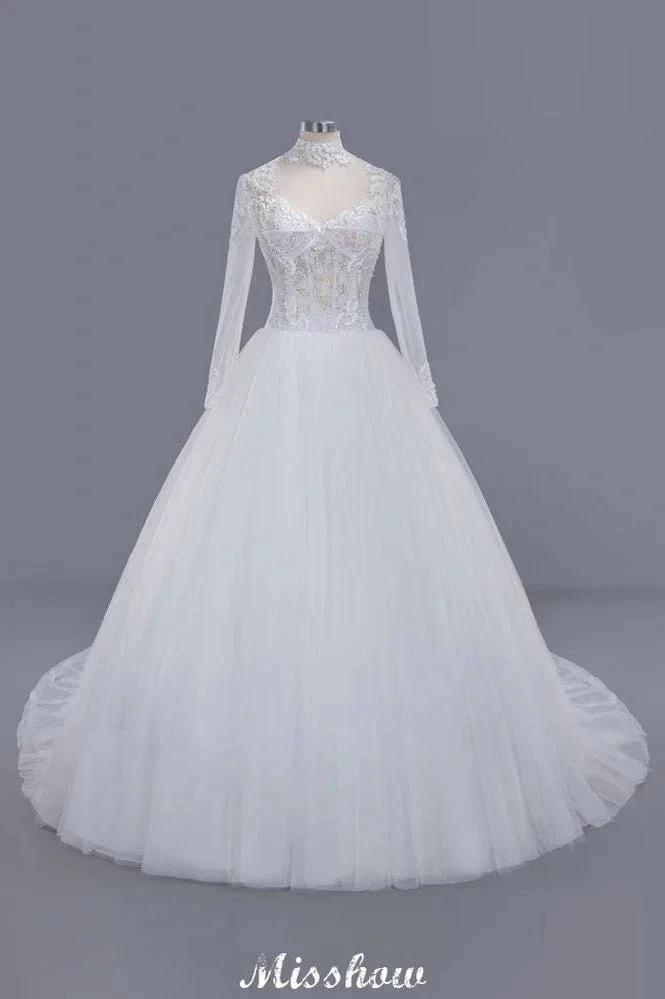 Elegant Tulle Lace Ball Gown High Neck Long Sleeves Floor Length Wedding Dress