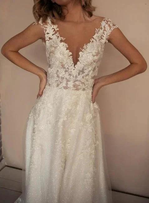 Elegant V-Neck A-Line Sleeveless Wedding Dresses With Lace