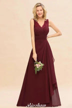 Elegant V-Neck aline Bridesmaid Dress Burgundy Backless Chiffon Party Dress