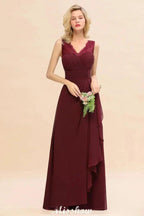 Elegant V-Neck aline Bridesmaid Dress Burgundy Backless Chiffon Party Dress
