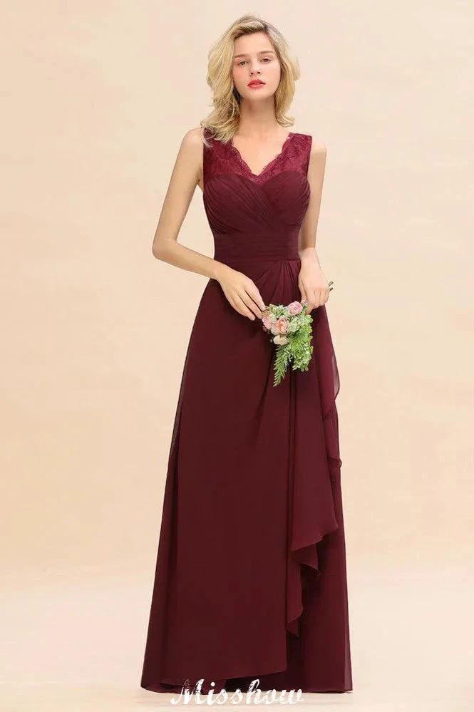 Elegant V-Neck aline Bridesmaid Dress Burgundy Backless Chiffon Party Dress