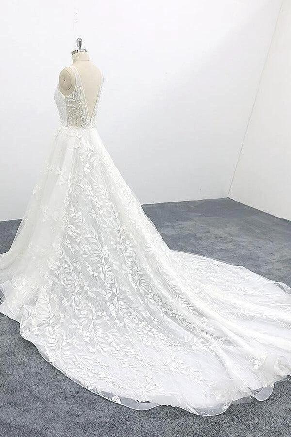 Elegant V-neck Appliques Tulle A-line Wedding Dress