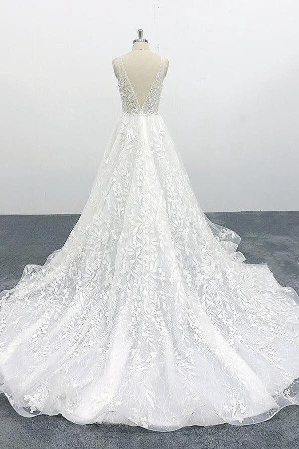 Elegant V-neck Appliques Tulle A-line Wedding Dress