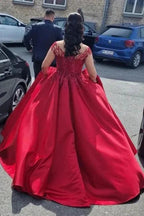 Elegant v-neck capsleeves a-line satin Wedding dresses