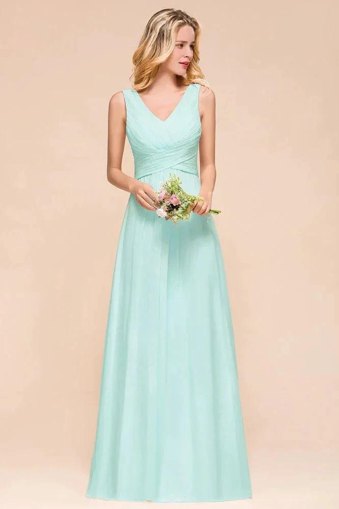 Elegant V-Neck Chiffon Bridesmaid Dress A-line Maxi Wedding Party Dress