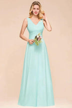 Elegant V-Neck Chiffon Bridesmaid Dress A-line Maxi Wedding Party Dress