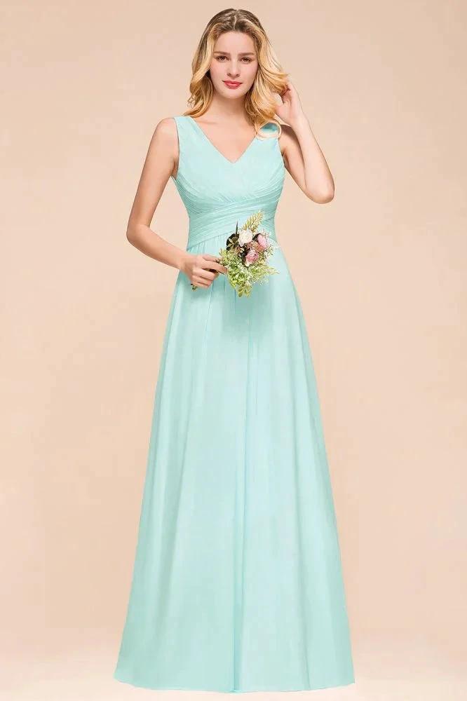 Elegant V-Neck Chiffon Bridesmaid Dress A-line Maxi Wedding Party Dress