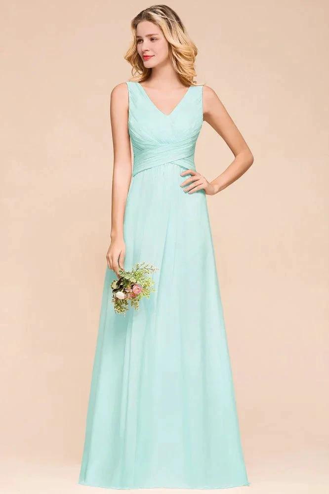 Elegant V-Neck Chiffon Bridesmaid Dress A-line Maxi Wedding Party Dress