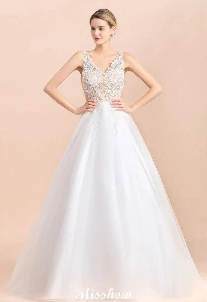 Elegant V-Neck Floral Lace A-line Wedding Dress Beach Sleeveless Tulle Church Dress