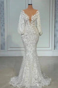 Elegant V-neck Long Sleeves Mermaid Lace Wedding Dress