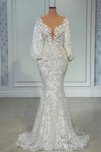 Elegant V-neck Long Sleeves Mermaid Lace Wedding Dress