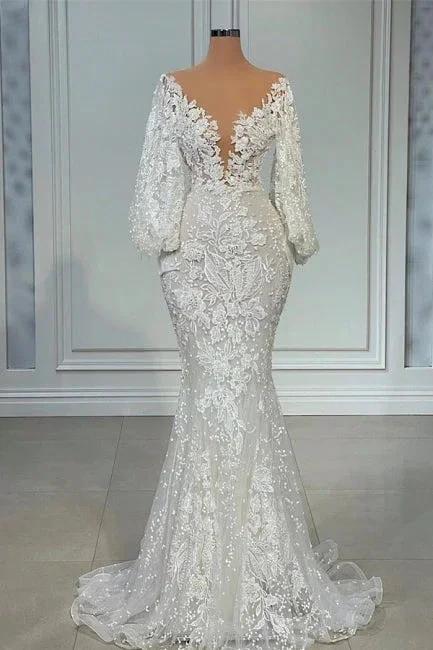 Elegant V-neck Long Sleeves Mermaid Lace Wedding Dress
