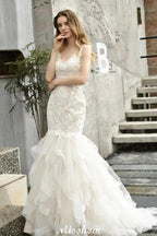 Elegant V-Neck Mermaid Bridal Gown Tulle Lace Appliques Puffy Wedding Dress