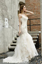 Elegant V-Neck Mermaid Bridal Gown Tulle Lace Appliques Puffy Wedding Dress