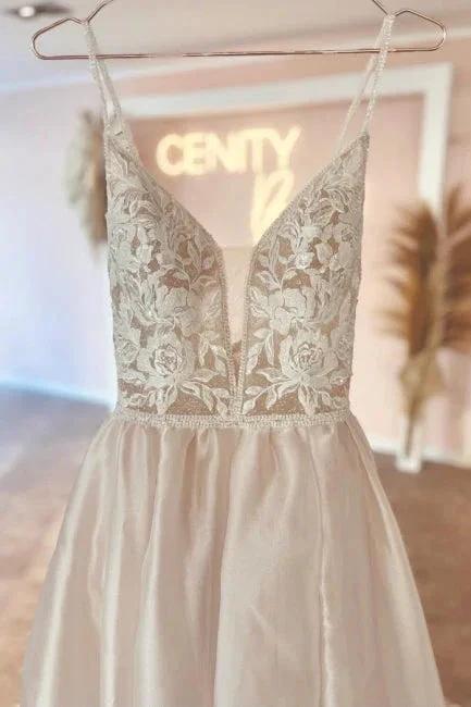 Elegant v-neck spaghetti straps sleeveless a-line lace Wedding dresses