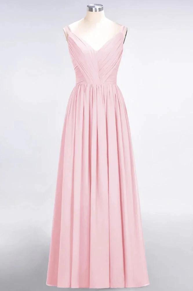 Elegant V-Neck Strap Backless Ruffles Chiffon Floor-Length Bridesmaid Dress
