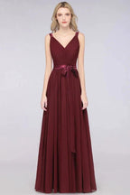 Elegant V-Neck Strap Backless Ruffles Chiffon Floor-Length Bridesmaid Dress