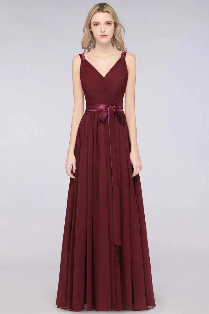 Elegant V-Neck Strap Backless Ruffles Chiffon Floor-Length Bridesmaid Dress