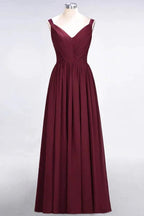 Elegant V-Neck Strap Backless Ruffles Chiffon Floor-Length Bridesmaid Dress