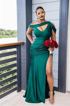 Elegant Vintage Off-the-Shoulder Elastic Woven Satin Ruched Sleeveless Bridesmaid Dresses