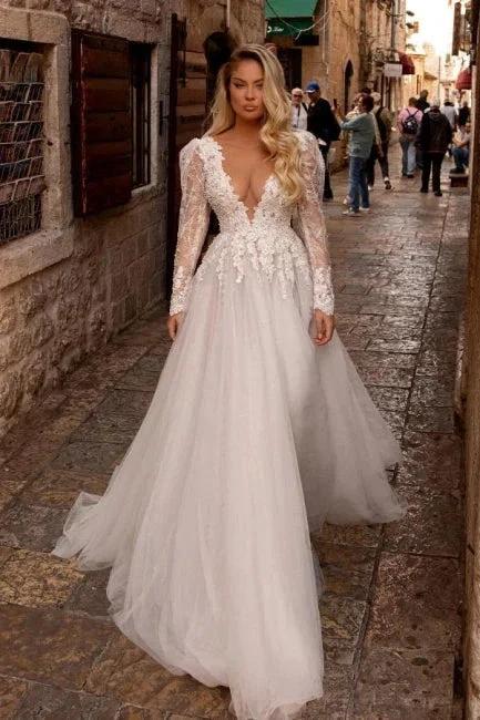 Elegant vneck longsleeves aline lace Wedding dresses