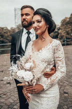 Elegant White Floral Lace Mermaid Spring Wedding Dress Long Sleeves V-Neck Slim Bridal Dresses