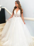 Elegant White Long A-line V Neck Tulle Lace Floral Wedding Dresses