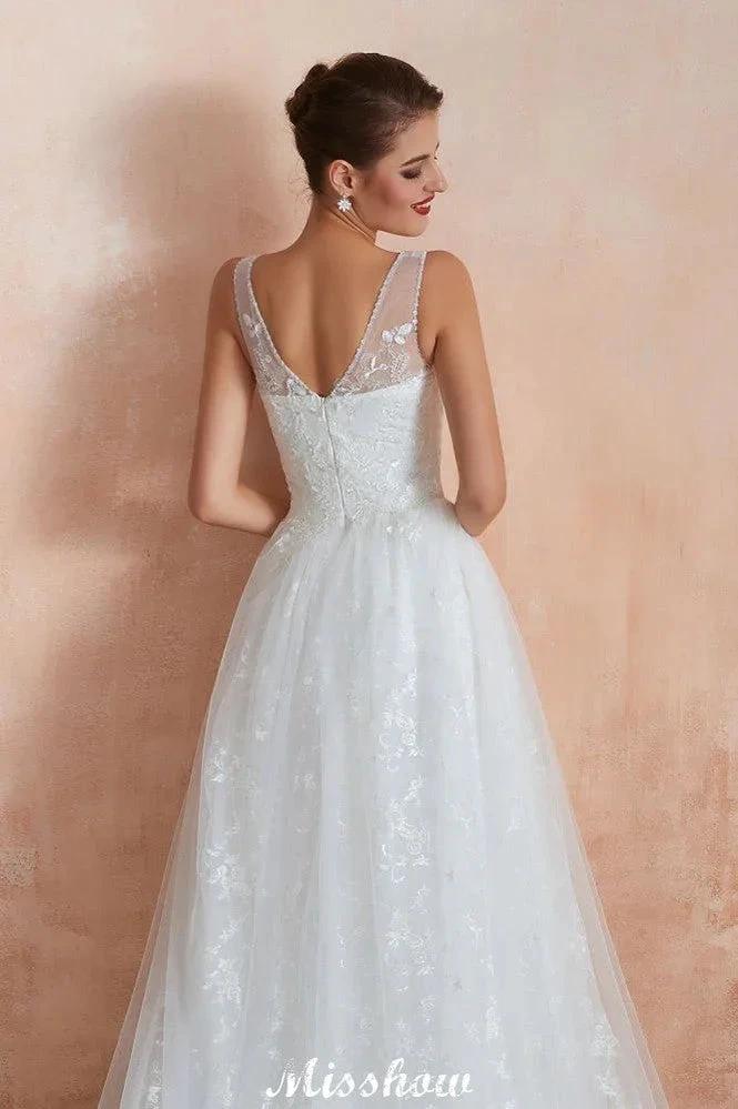 Elegant White V-Neck Princess Wedding Dress Aline Tulle Lace Bridal Gown
