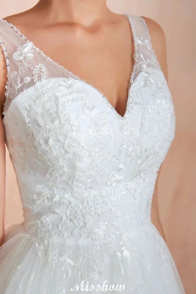 Elegant White V-Neck Princess Wedding Dress Aline Tulle Lace Bridal Gown