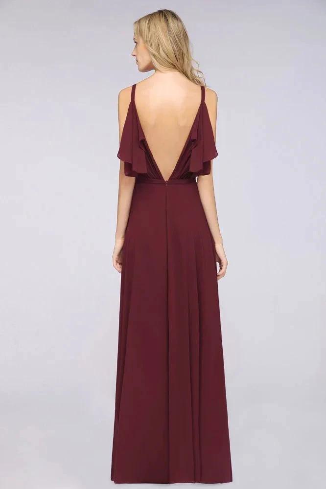 Elgant Ruffles Chiffon Floor-Length Bridesmaid Dress Aline Pearls Sleeveless Wedding Party Dress