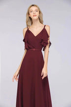 Elgant Ruffles Chiffon Floor-Length Bridesmaid Dress Aline Pearls Sleeveless Wedding Party Dress