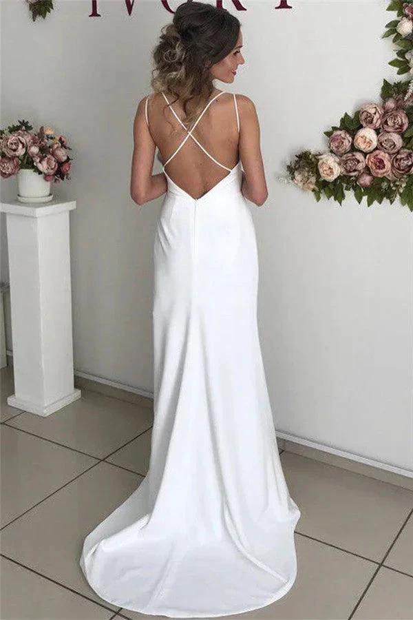 Excellent Long Mermaid Satin White Backless Wedding Dress with Slit
