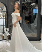 Exquisite Floor Length Off-The-Shoulder A-Line Satin Wedding Dress with Beads