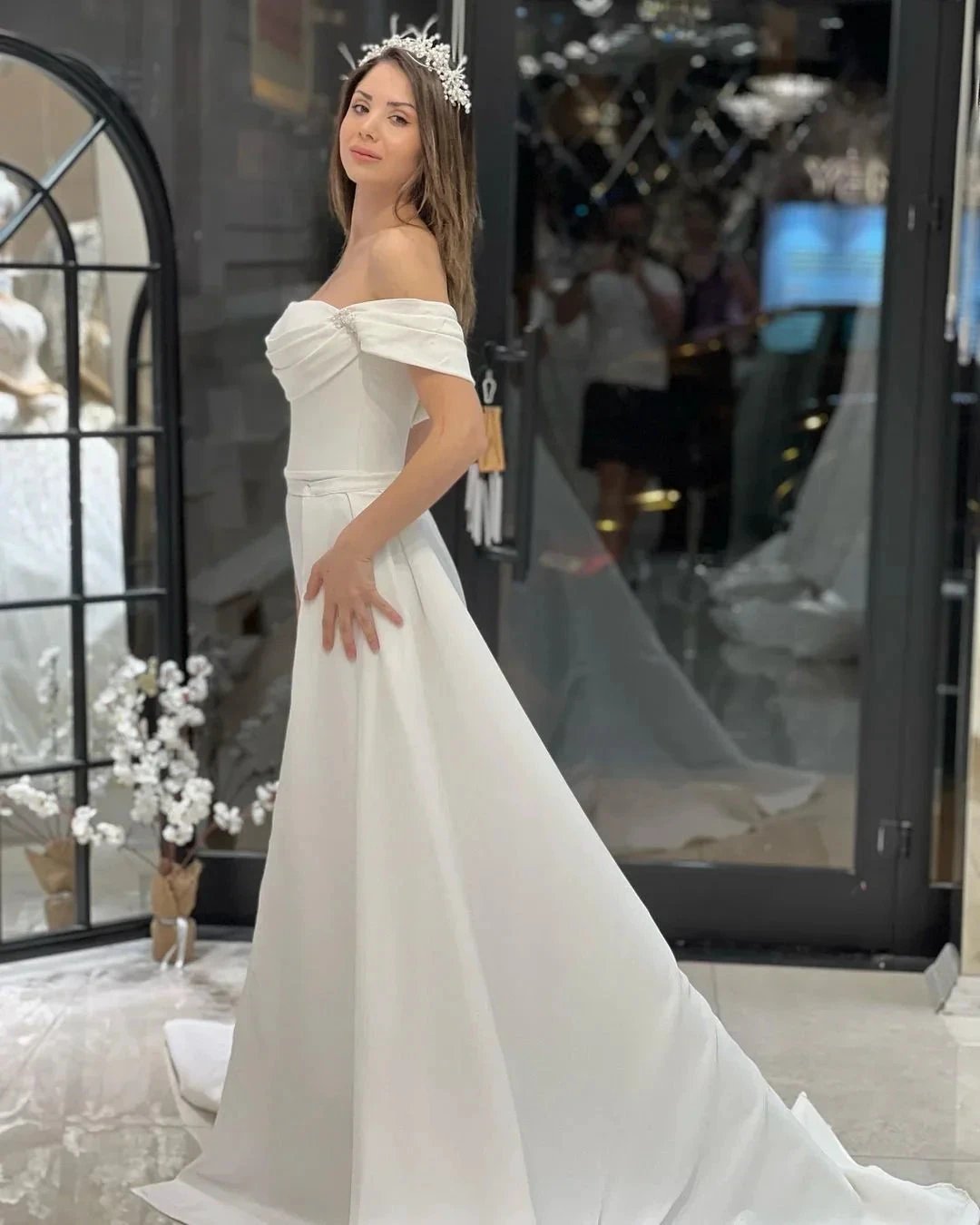 Exquisite Floor Length Off-The-Shoulder A-Line Satin Wedding Dress with Beads