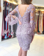 Lace Flowers Short Prom Dresses with Sleeves