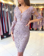 Lace Flowers Short Prom Dresses with Sleeves
