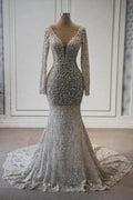 Exquisite Long Mermaid V-neck Lace Long Sleeves Wedding Dress with Pearls